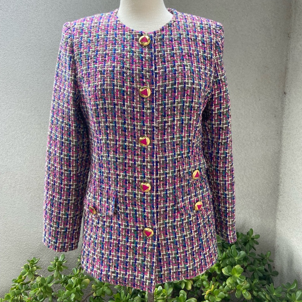 Vintage 80s brilliant colors tweed blazer custom made size 8 lined